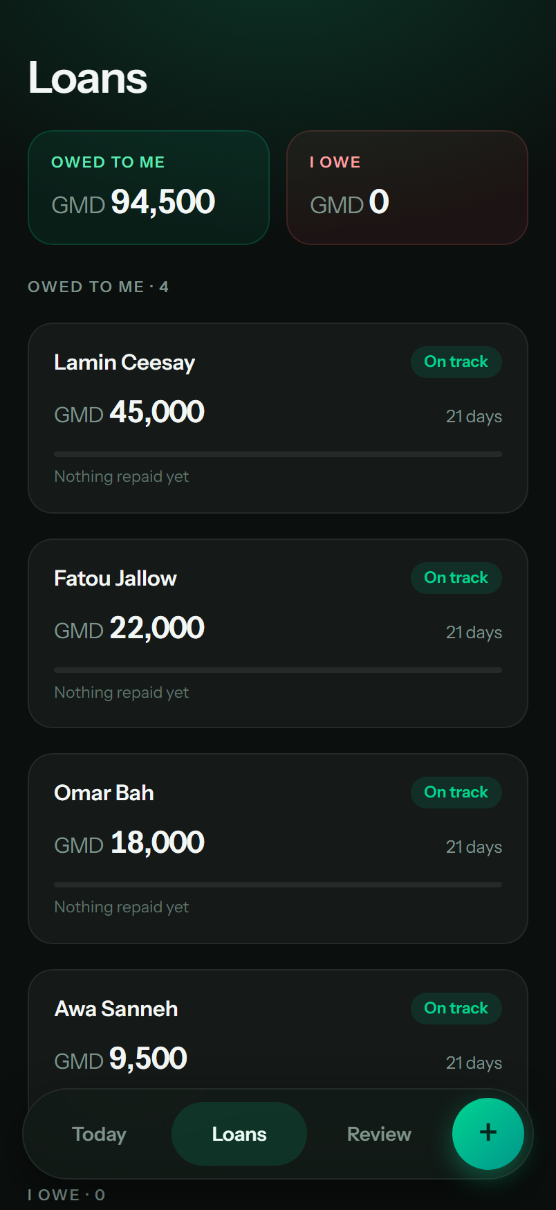 Personal Wealth App Loans screen: totals for money owed to me and money I owe, with each loan showing amount, days remaining and an on-track badge (demo data)