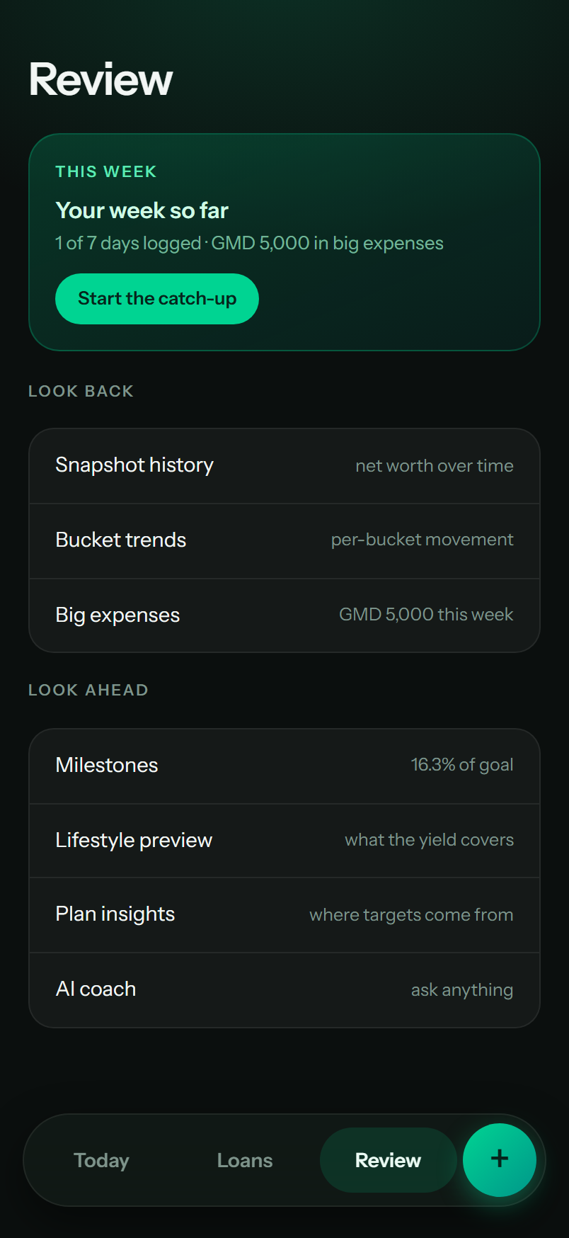 Personal Wealth App Review screen: weekly catch-up, snapshot history, bucket trends, big expenses, milestones and an AI coach (demo data)